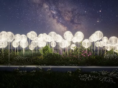 Dandelion Shaped Decorative Lights Illuminating Garden Under Starry Sky And Milky Way 3d model