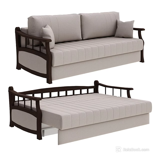 Multi Person Sofa Featuring Beige Upholstery Dark Wooden Frame And Convertible Bed Function 3d model
