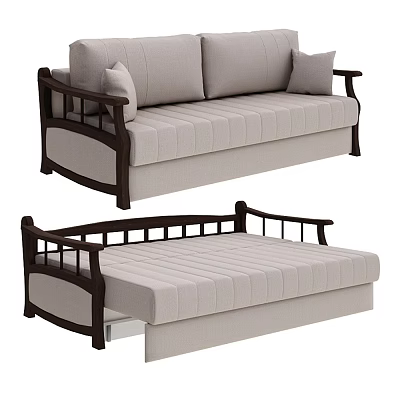Multi Person Sofa Featuring Beige Upholstery Dark Wooden Frame And Convertible Bed Function 3d model