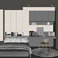 Modern Tatami Bedroom Bed Wardrobe Table Lamp Curtain Carpet Pillow 3d model