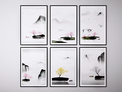 Six Chinese Ink Landscape Paintings With Mountains Water Trees And Birds 3d model