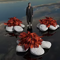 Stunning Red Flowers With White Stones And Standing Person By Water Reflection Under Sky