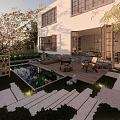 Modern White Detached Villa Exterior With Two Windows Trees Fence And Front Patio