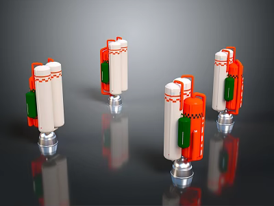 Industrial Mechanical Components With White Orange Green Cylindrical Bodies And Silver Bases On Shiny Surface 3d model