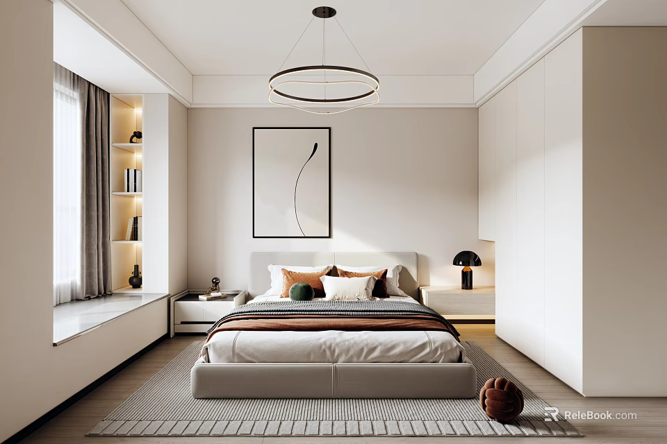 Modern Bedroom With Bed Throw Pillows Round Pendant Light Wall Art Bay Window And Wardrobe 3d model 