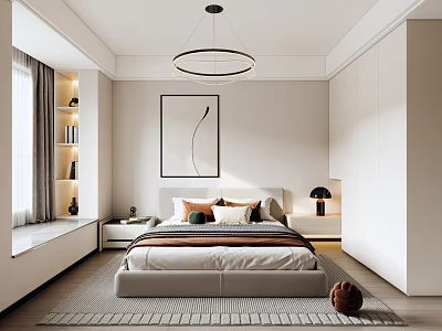 Modern Bedroom With Bed Throw Pillows Round Pendant Light Wall Art Bay Window And Wardrobe 3d model