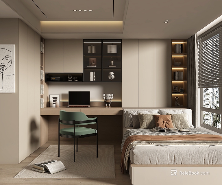 Modern Tatami Bedroom Interior With Tatami Bed Writing Desk Green Chair And Bookshelves 3d model 