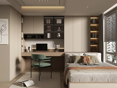 Modern Tatami Bedroom Interior With Tatami Bed Writing Desk Green Chair And Bookshelves 3d model