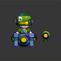 Game Movie Character Green Blue Robot With Big Eyes Headphones Mechanical Seat And Small Round Device