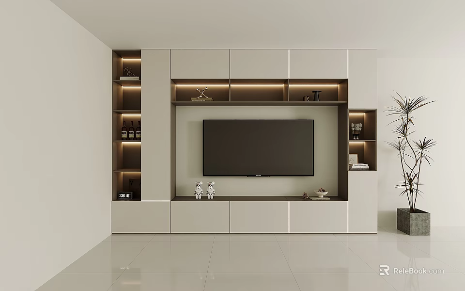 Modern TV Stand with LED Lighting Open Shelves Storage Cabinets and Decorative Items 3d model 