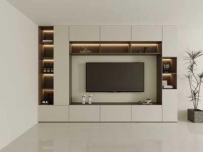 Modern TV Stand with LED Lighting Open Shelves Storage Cabinets and Decorative Items 3d model