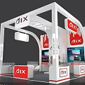 AIX Exhibition Booth With Modern White Red Design Display Screens And White Chairs