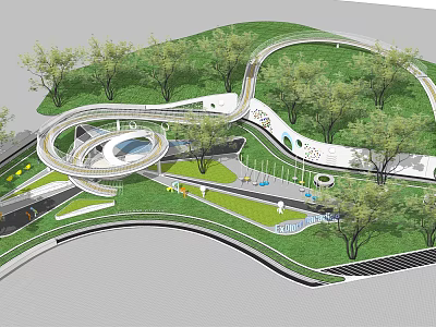Curved Road Facilities With Greenery Trees And Recreational Walkways Design 3d model