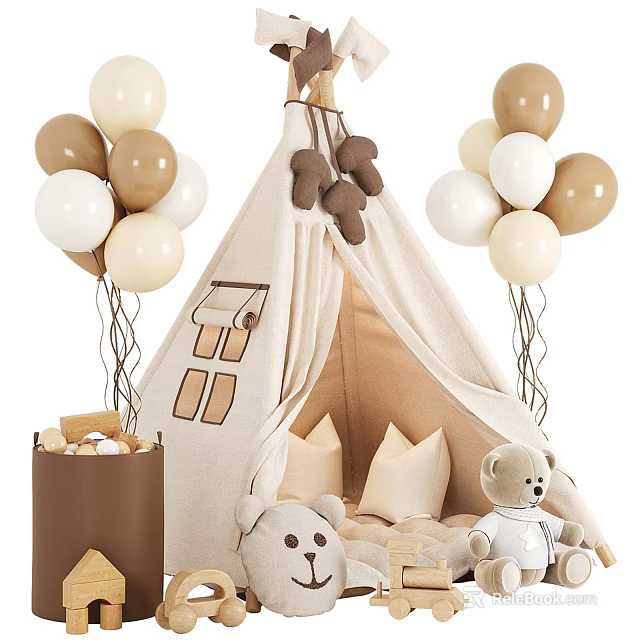 Beige Kids Tent With Brown White Balloons Teddy Bears And Window Design 3d model 