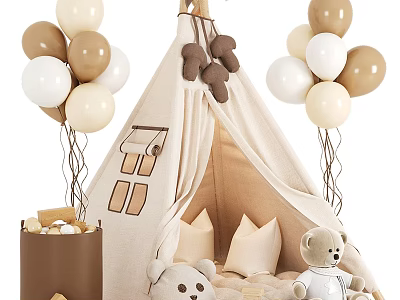 Beige Kids Tent With Brown White Balloons Teddy Bears And Window Design 3d model