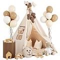 Beige Kids Tent With Brown White Balloons Teddy Bears And Window Design