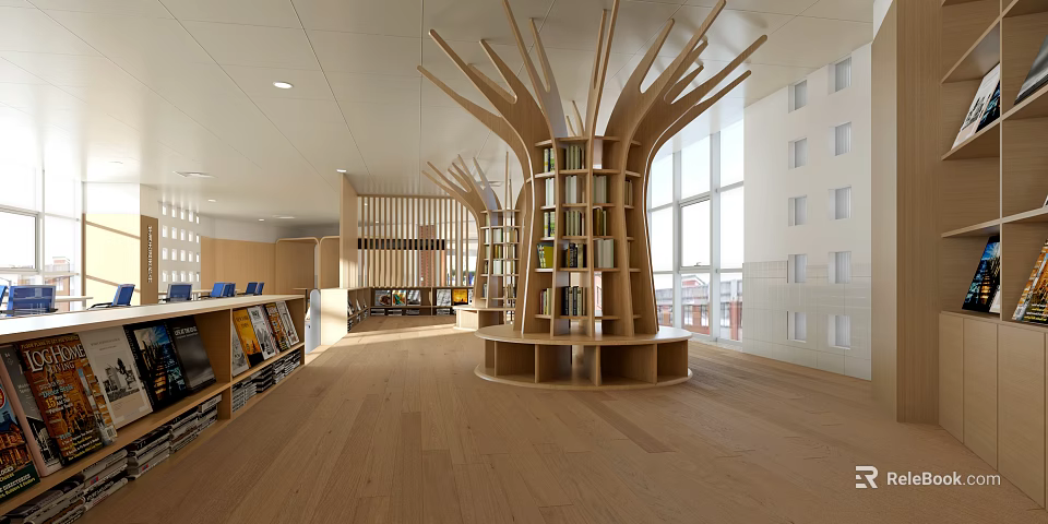 Artistic Library Interior Design With Tree Shaped Bookshelves 3d model 