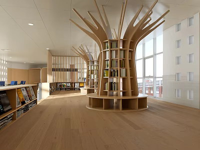 Artistic Library Interior Design With Tree Shaped Bookshelves 3d model