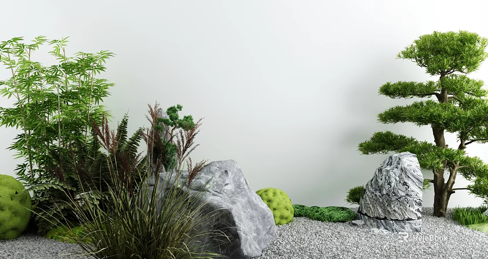 Zen Courtyard Garden With Green Plants Rocks Gravel And Trimmed Bonsai Trees 3d model 