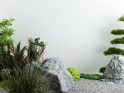 Zen Courtyard Garden With Green Plants Rocks Gravel And Trimmed Bonsai Trees 3d model