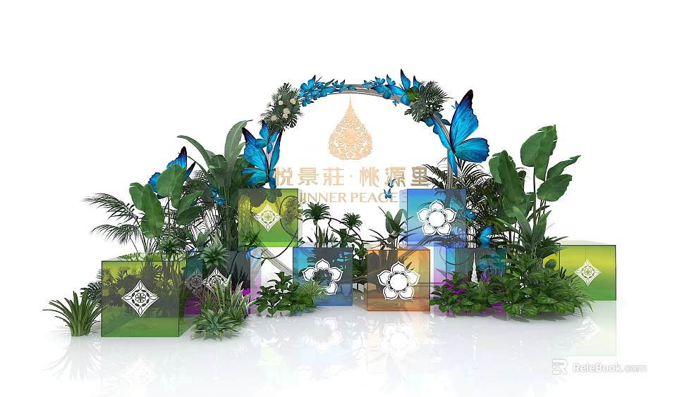 Decorative Landscape Setup With Blue Butterflies Green Plants And Colorful Cubes 3d model 