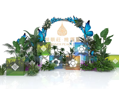 Decorative Landscape Setup With Blue Butterflies Green Plants And Colorful Cubes 3d model