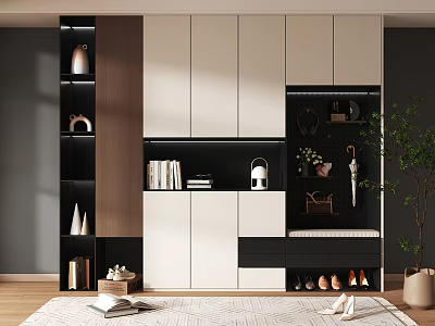 Modern Shoe Cabinet Design With Storage Open Shelves Bench Decorations And Green Plant 3d model