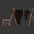 Rustic Wooden Striped Stool With Simple Design Beside Wooden Stand Hanging Brown Fabric