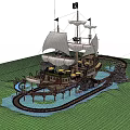 Vintage Pirate Ship With White Sails Palm Trees Water And Roller Coaster Track