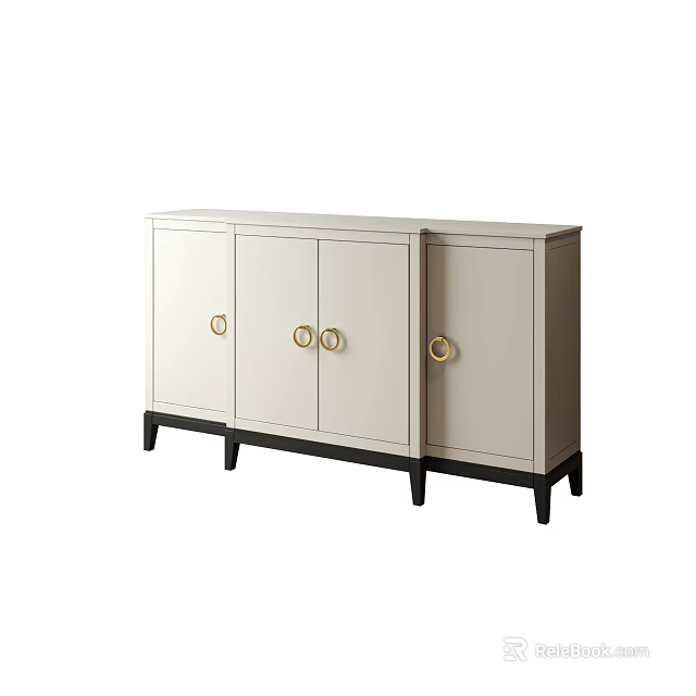 Modern Light Colored Console Cabinet With Gold Circular Handles And Black Legs For Entryway Storage 3d model 