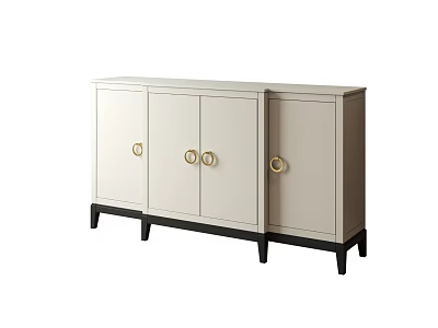 Modern Light Colored Console Cabinet With Gold Circular Handles And Black Legs For Entryway Storage 3d model