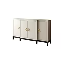 Modern Light Colored Console Cabinet With Gold Circular Handles And Black Legs For Entryway Storage