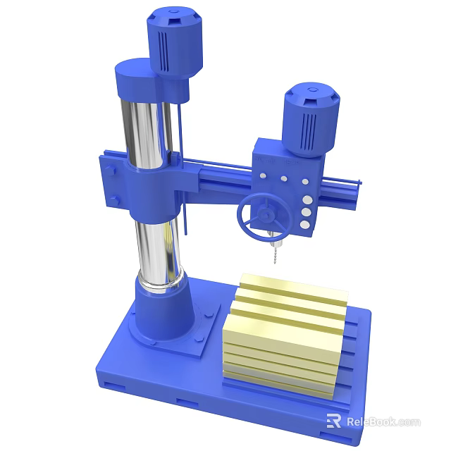 Blue Drill Press With Rotary Arm Column Base And Yellow Workpiece 3d model 