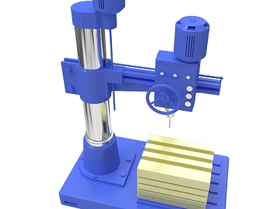 Blue Drill Press With Rotary Arm Column Base And Yellow Workpiece 3d model