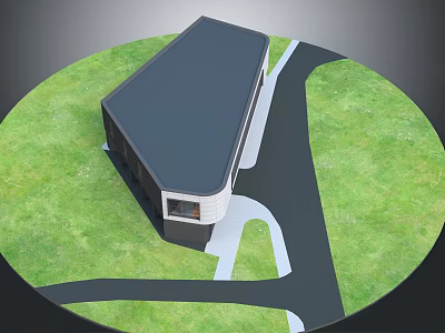 Modern Single Story Building With Black Roof Green Grassy Area And Pathway 3d model