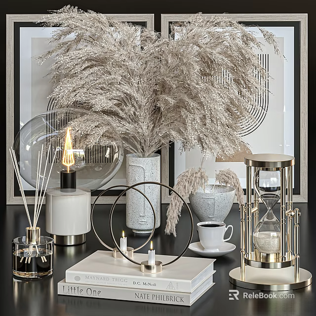 Stylish Decorative Ornament Set with Pampas Grass Vase Diffuser Candle Hourglass and Coffee Cup 3d model 