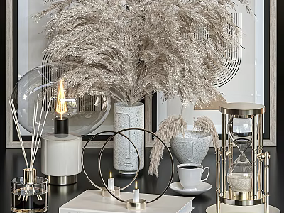 Stylish Decorative Ornament Set with Pampas Grass Vase Diffuser Candle Hourglass and Coffee Cup 3d model