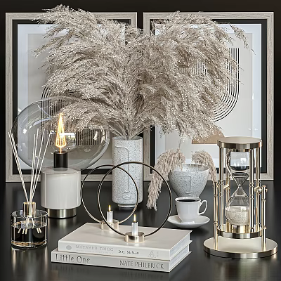 Stylish Decorative Ornament Set with Pampas Grass Vase Diffuser Candle Hourglass and Coffee Cup 3d model
