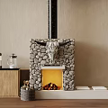 Stone Fireplace With Cow Skull Decor Wooden Cabinet Coffee Maker And Flames