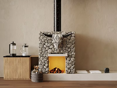 Stone Fireplace With Cow Skull Decor Wooden Cabinet Coffee Maker And Flames 3d model