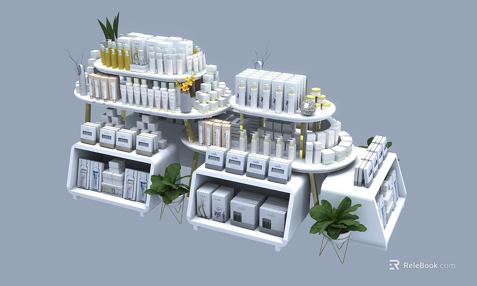 White Multi Tiered Display Shelves with Skincare Products and Cosmetic Items and Green Plant Decor 3d model 