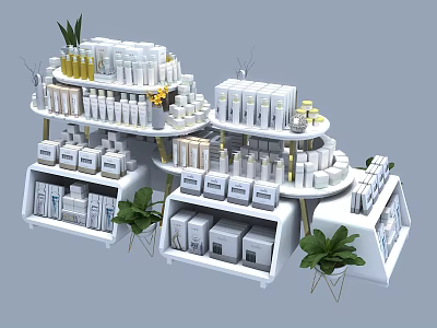 White Multi Tiered Display Shelves with Skincare Products and Cosmetic Items and Green Plant Decor 3d model