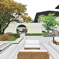 Modern Garden Landscape With Bamboo Trees Yellow Leaf Tree Lawn Seating And Pool 3d model