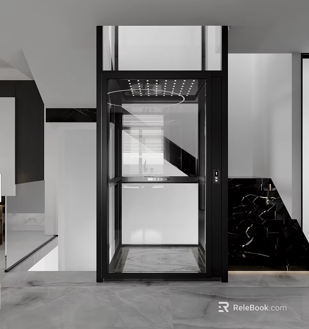 Modern Glass Elevator With Black Frame And Marble Staircase In Luxury Interior 3d model 
