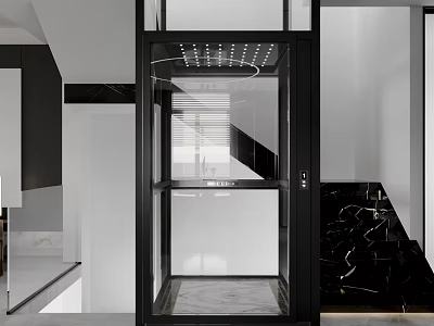 Modern Glass Elevator With Black Frame And Marble Staircase In Luxury Interior 3d model