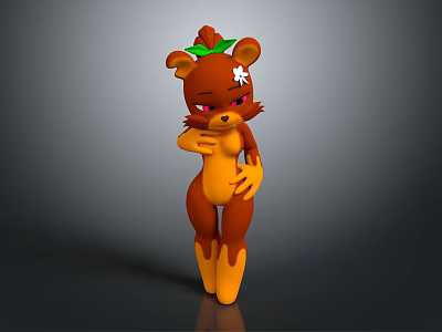 Cartoon Brown Bear Game Character with Green Leaf Ornament White Flower Pink Eyes 3d model