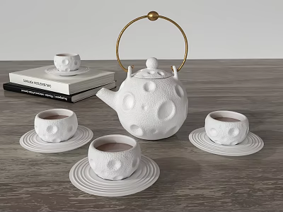 White Tea Set with Moon Surface Texture Gold Handle and Cups on Wooden Table 3d model