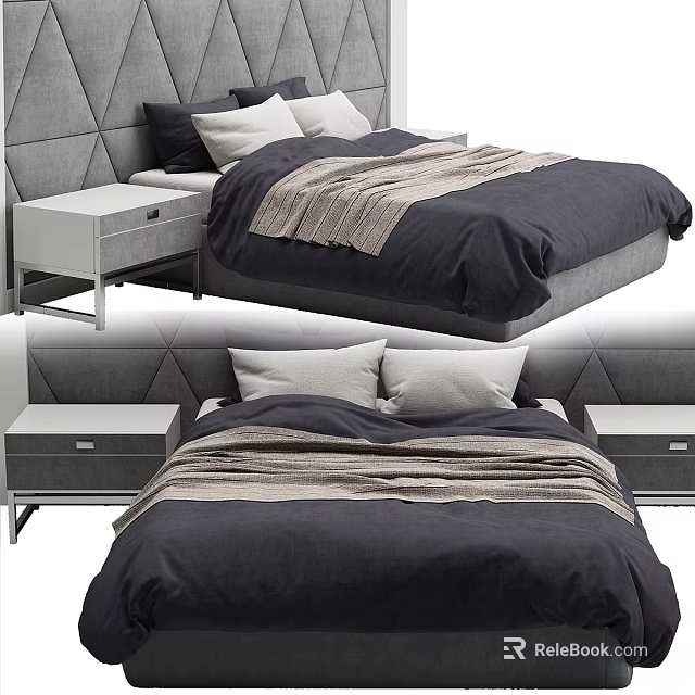 Modern Double Bed With Dark Bedding Light Pillows Diamond Headboard And White Nightstands 3d model 