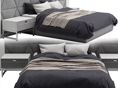 Modern Double Bed With Dark Bedding Light Pillows Diamond Headboard And White Nightstands 3d model