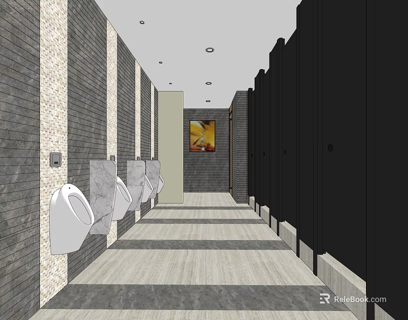 Modern Public Toilet Interior With Gray Walls Black Stalls And White Urinals 3d model 